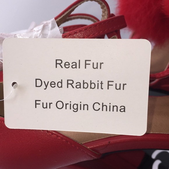 Qupid Woman’s Red Pumps Platform Heels Open Toe Real Rabbit Fur Pom Poms Size 7 - Picture 9 of 16